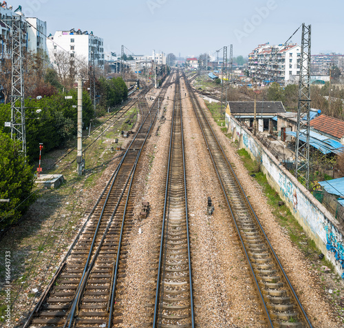 high angle view of empty railway track in city of China.
