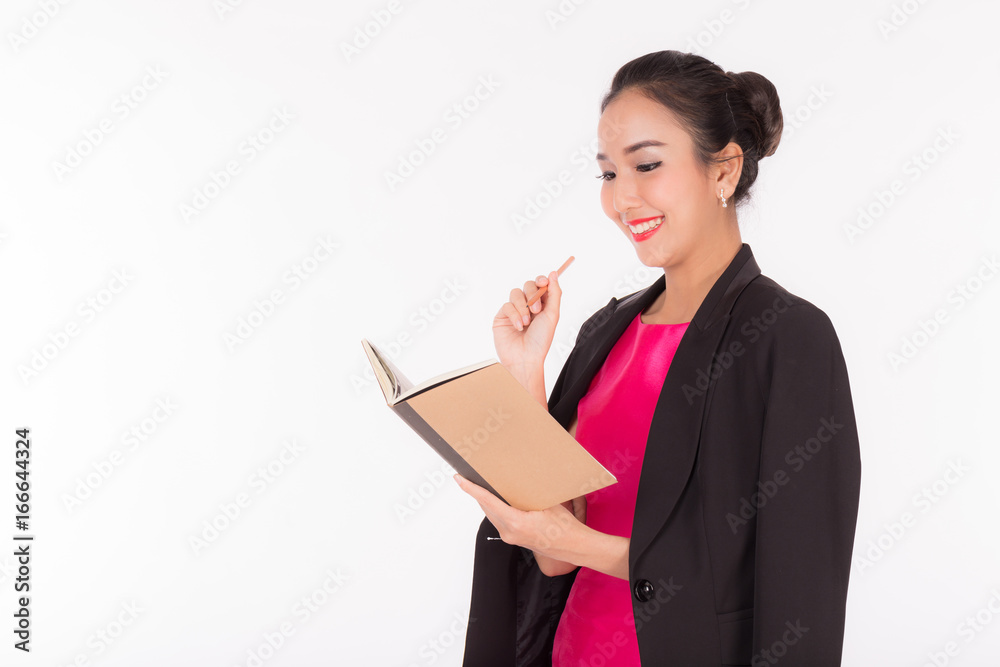 Business woman smile and holding book in arm,Isolated on white background,Copy space Business woman smile and holding book in arm,Isolated on white background,Copy space