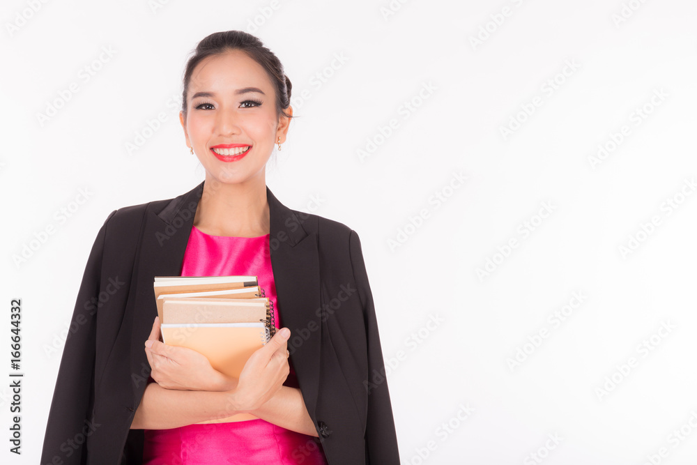 Business woman smile and holding book in arm,Isolated on white background Business woman smile and holding book in arm,Isolated on white background