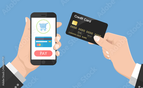 Flat Design style Human hand holding smartphone with online shopping app and credit card, vector design Element illustration