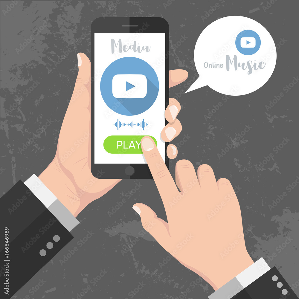 Flash Design style of Human hand holding Smartphone with media or music app on screen. Vector design Element illustration Flash Design style of Human hand holding Smartphone with media or music app on screen. Vector design Element illustration