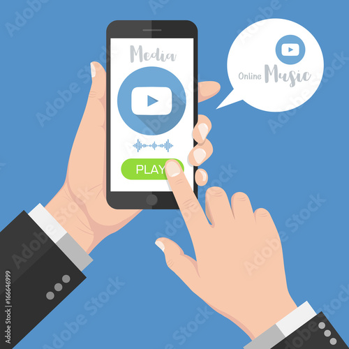 Flash Design style of Human hand holding Smartphone with media or music app on screen. Vector design Element illustration