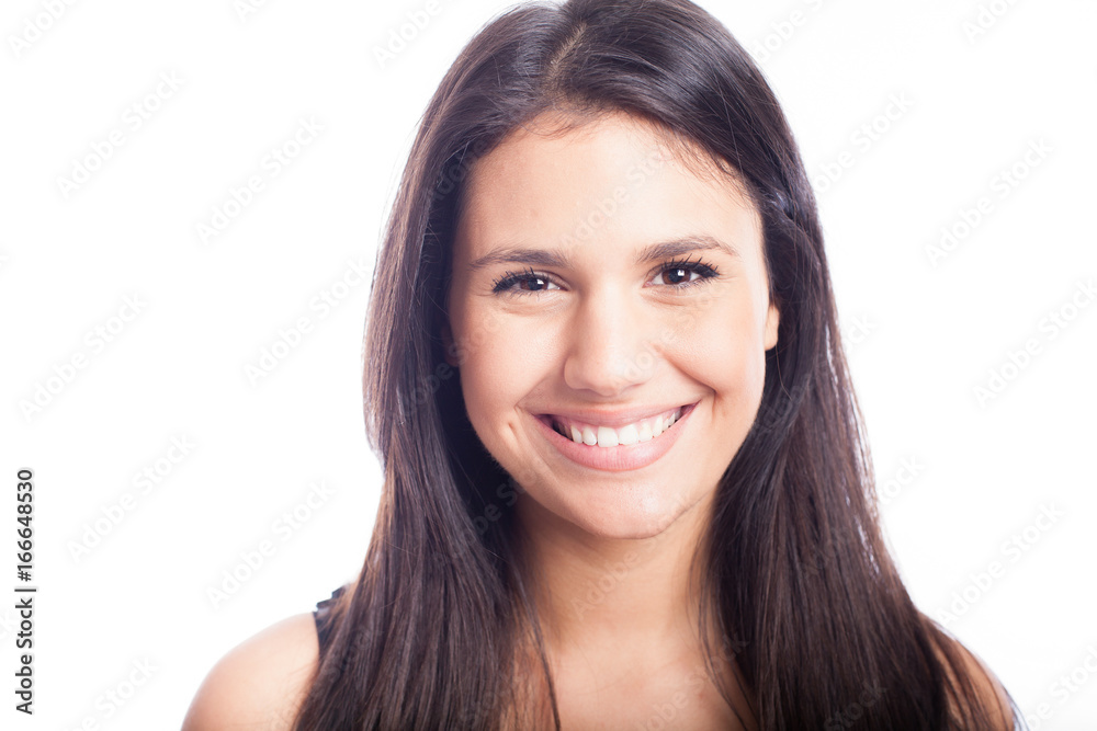 Beautiful smiling woman with clean skin, natural make-up, and white teeth on white background Beautiful smiling woman with clean skin, natural make-up, and white teeth on white background