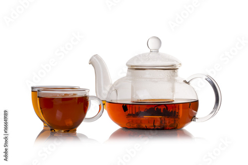 Cup of tea with teapot on a white background.