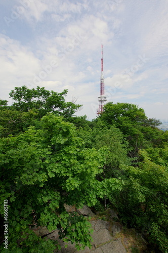Maszt nadajnika TV na górze Ślęża wśród zieleni drzew