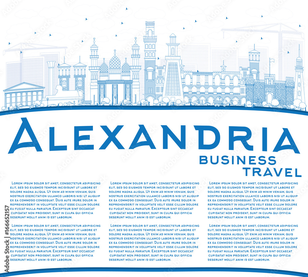 Outline Alexandria Skyline with Blue Buildings and Copy Space.