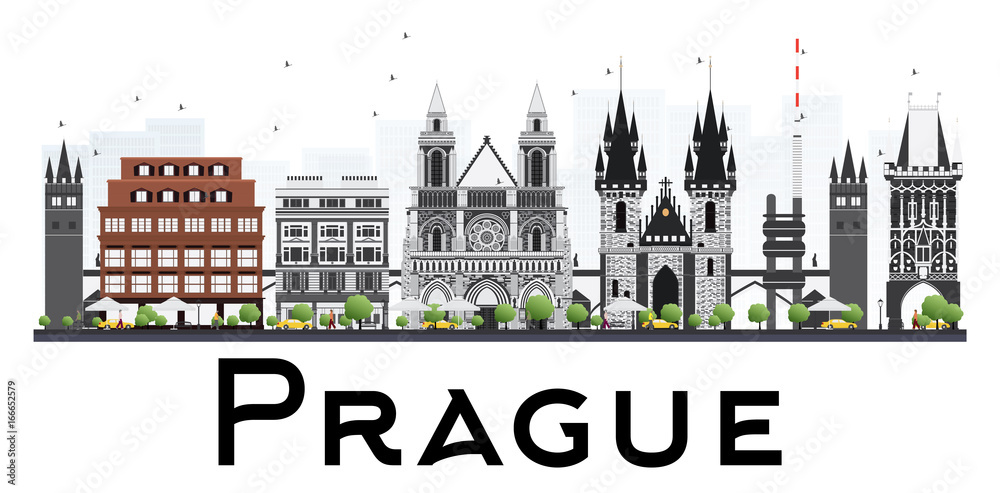 Prague Skyline with Gray Buildings Isolated on White Background.