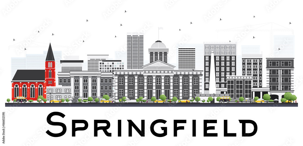 Springfield Skyline with Gray Buildings Isolated on White Background.