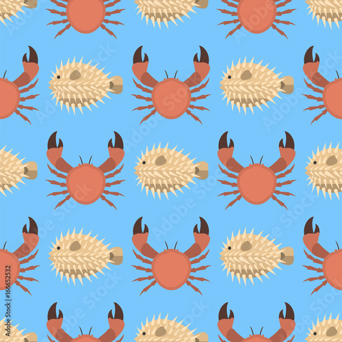 Vector sea animals creatures crab seamless pattern ocean underwater aquarium life water aquatic tropical beasts illustration