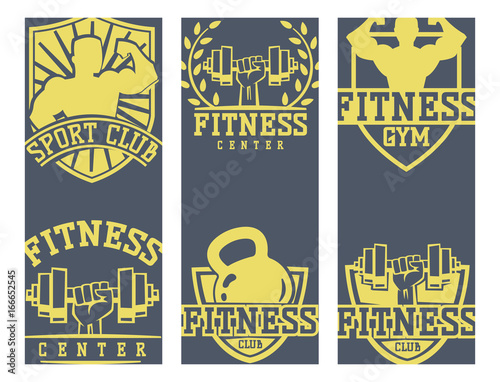 Monochrome fitness flayer brochure layout card design gym sport club strong equipment silhouette vector illustration.