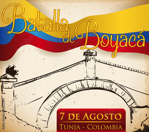 Colombian Waving Flag and Illustration Commemorating the Battle of Boyaca, Vector Illustration photo