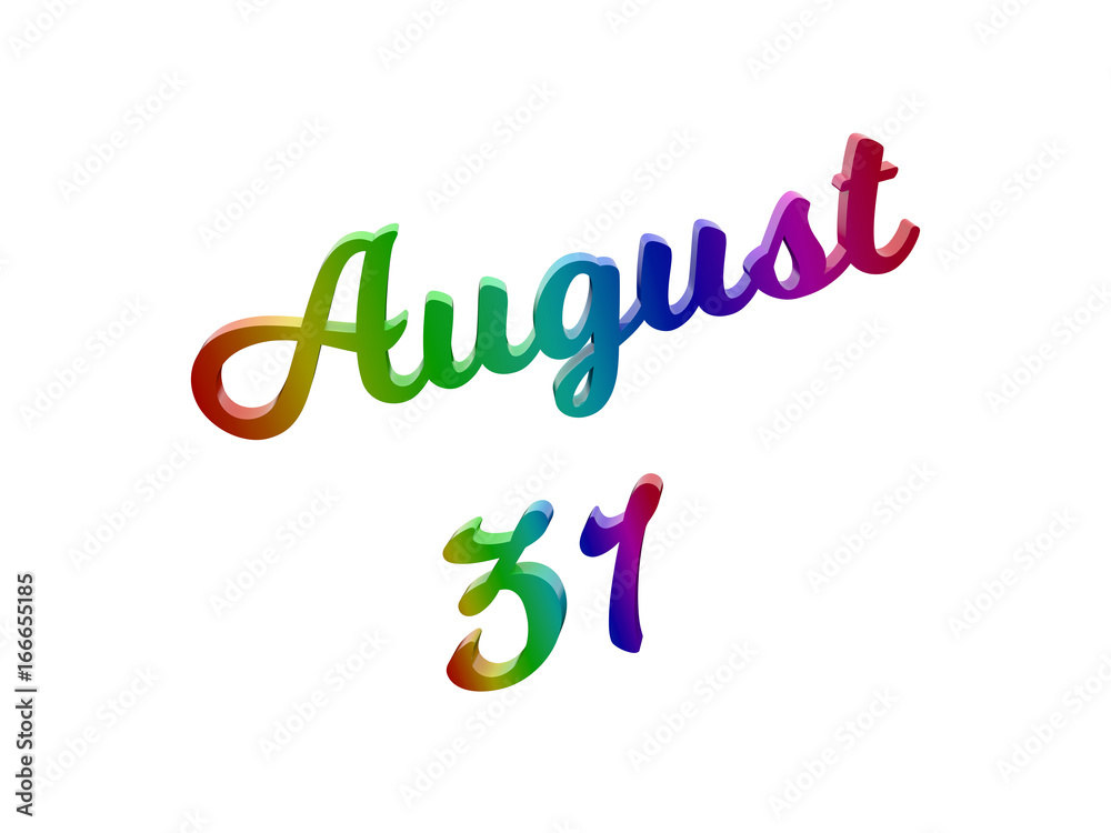 August 31 Date Of Month Calendar, Calligraphic 3D Rendered Text Illustration Colored With RGB Rainbow Gradient, Isolated On White Background
August 31 Date Of Month Calendar, Calligraphic 3D Rendered Text Illustration Colored With RGB Rainbow Gradient, Isolated On White Background