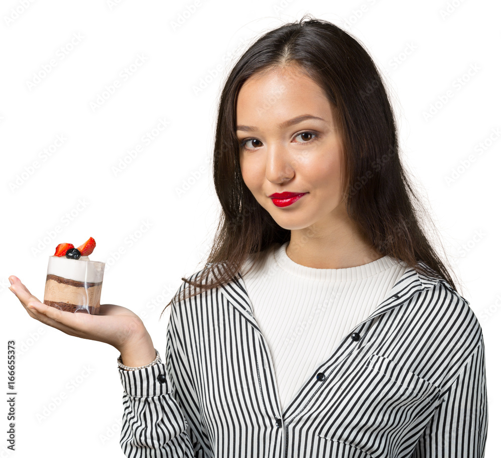 Beautiful smiling young woman with a cake