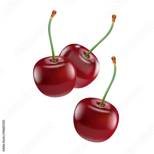 Three ripe red cherry berries isolated white background