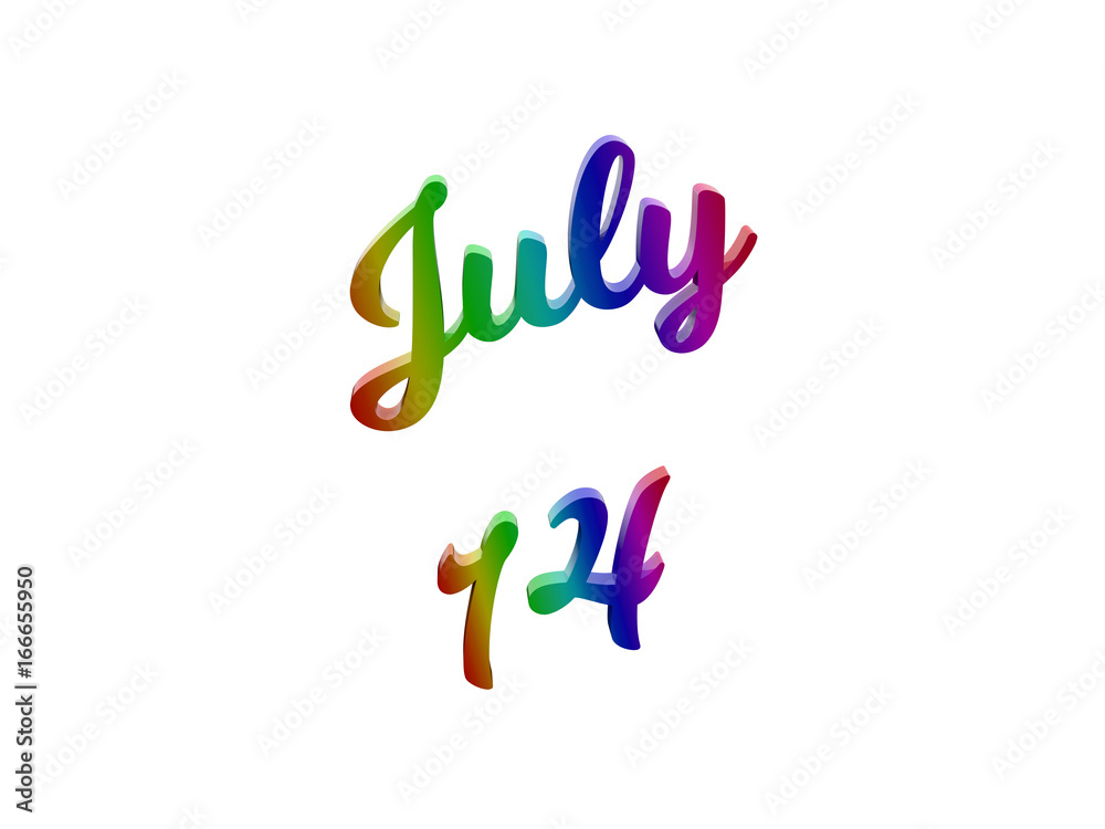 July 14 Date Of Month Calendar, Calligraphic 3D Rendered Text Illustration Colored With RGB Rainbow Gradient, Isolated On White Background
