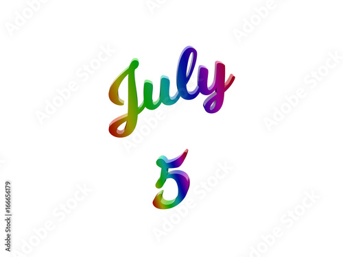 July 5 Date Of Month Calendar, Calligraphic 3D Rendered Text Illustration Colored With RGB Rainbow Gradient, Isolated On White Background 