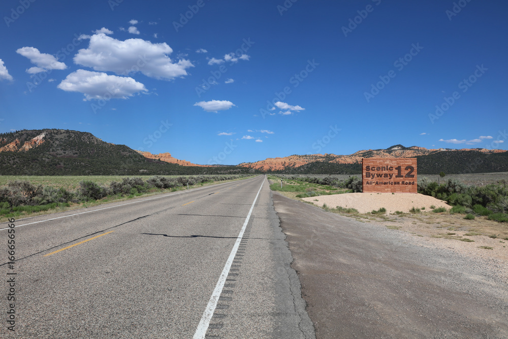 Sign of Scenic Byway 12 in Red Canyon. Utah. USA