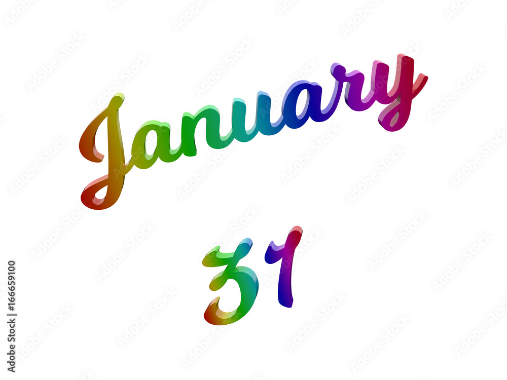 January 31 Date Of Month Calendar, Calligraphic 3D Rendered Text Illustration Colored With RGB Rainbow Gradient, Isolated On White Background
January 31 Date Of Month Calendar, Calligraphic 3D Rendered Text Illustration Colored With RGB Rainbow Gradient, Isolated On White Background