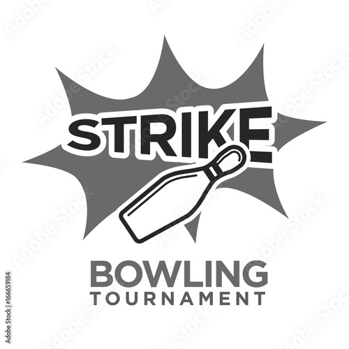Strike bowling tournament monochrome logotype with skittle illustration