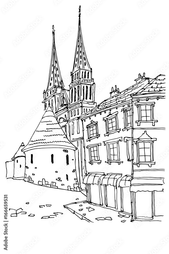 Vector sketch of street scene in Zagreb, Croatia.