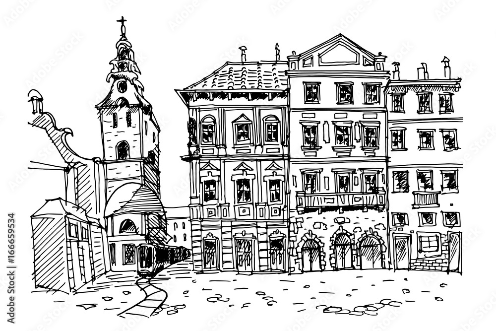 Hand drawn ink line sketch of european cityscape.
