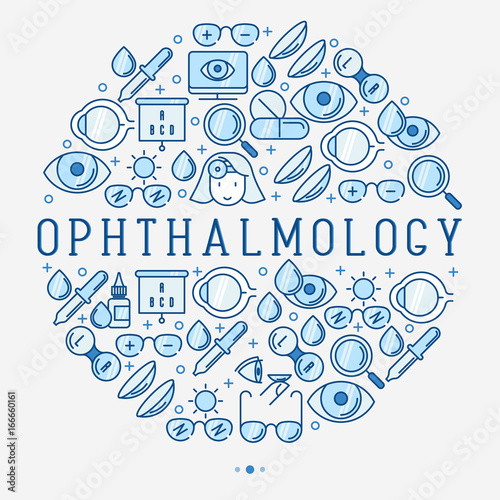 Ophthalmology concept in circle with vision care thin line icons. Vector illustration for banner, web page, print media.