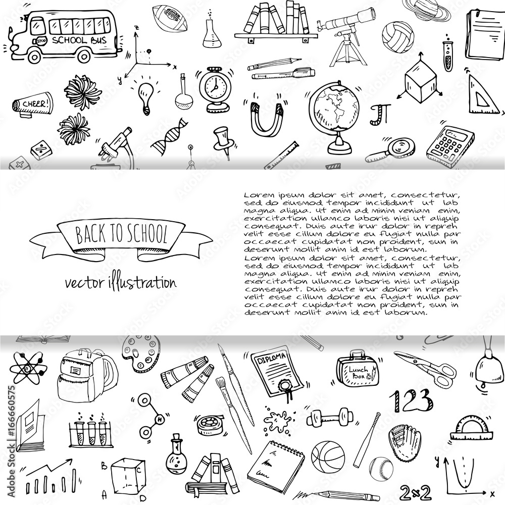 Hand drawn doodle Back to school icons set Vector illustration educational symbols collection Cartoon various learning elements: Laptop; Lunch box; Bag; Microscope; Telescope; Books; Pencil Sketch bus