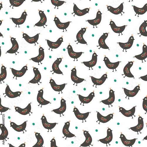 Seamless vector pattern with cute cartoon birds and green peas.