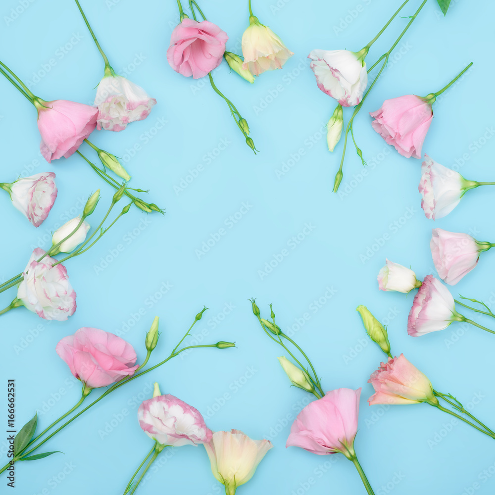 Beautiful frame composition with eustoma flowers on color background Beautiful frame composition with eustoma flowers on color background