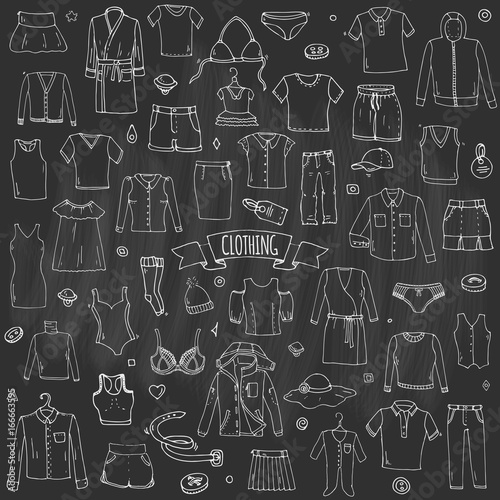 Hand drawn doodle Clothing icons set. Vector illustration.Isolated apparel symbols collection. Cartoon cloth elements: Skirt Shirt T-shirt Shorts Dress Hoodie Underware Blouse Pants Socks Hat Cap Top