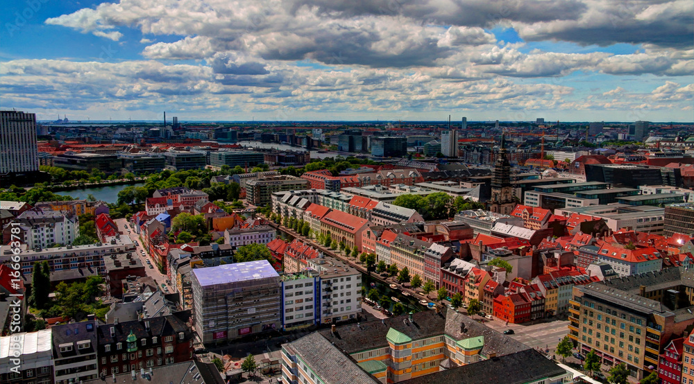 Panoramic aerial cityscape of Copenhagen city in Denmark
