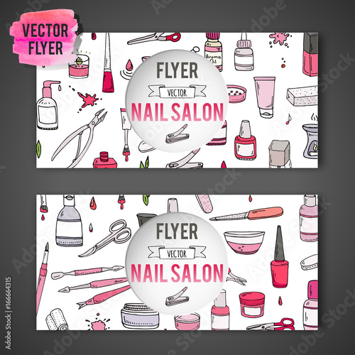 Hand drawn doodle Nail salon icons set. Vector illustration. Manicure sketch accessories collection Cartoon flyer template pedicure tools elements: polish bottle brush varnish scissors lotion cream