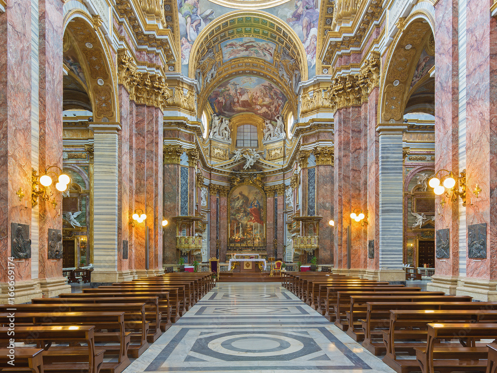 ROME, ITALY - MARCH 25, 2015: The nave of baroque church Basilica dei Santi Ambrogio e Carlo al Corso.