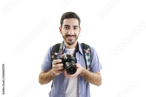 Portrait young man with camera. Isolated on white background