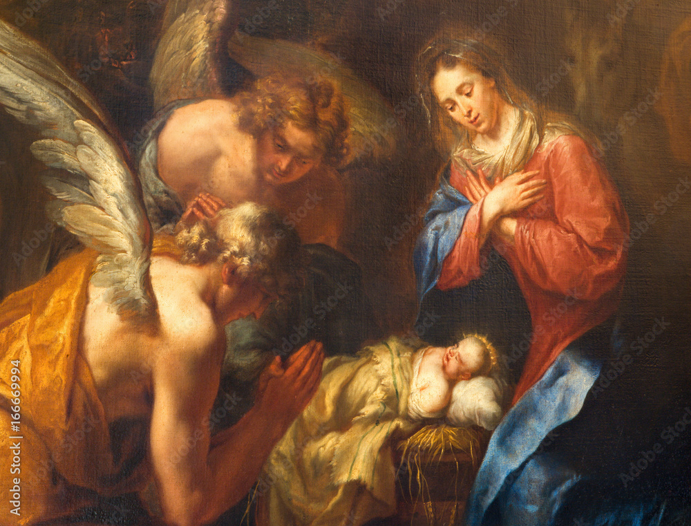 Fototapeta premium ANTWERP, BELGIA - WRZESIEŃ 5,2013: Szczegóły malowania Narodzenia Kaspera van Opstal (1660-1714) w kościele St. Charles Borromeo.
