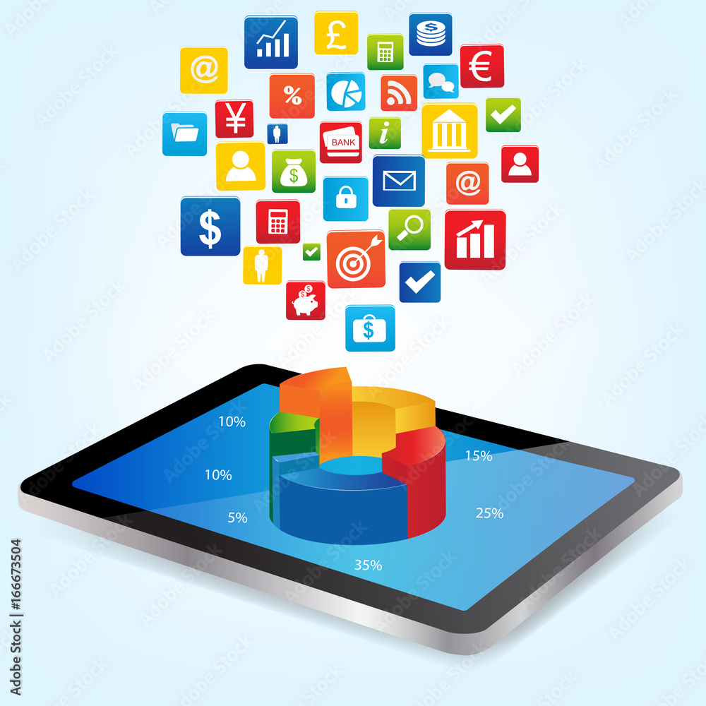 Tablet with Graph Chart and financial icon. Concept for business, graph statistics, data analysis, financial research report, market stats. Tablet with Graph Chart and financial icon. Concept for business, graph statistics, data analysis, financial research report, market stats.