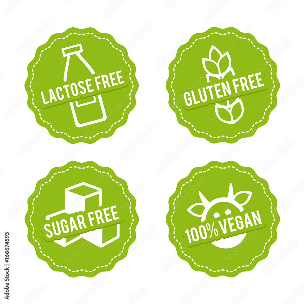 Vetor de Set of Allergen free Badges. Lactose free, Gluten free, Sugar