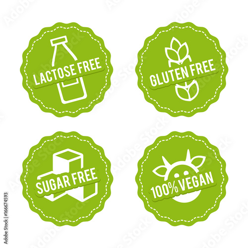 Set of Allergen free Badges. Lactose free, Gluten free, Sugar free, 100% Vegan. Vector hand drawn Signs. Can be used for packaging Design.