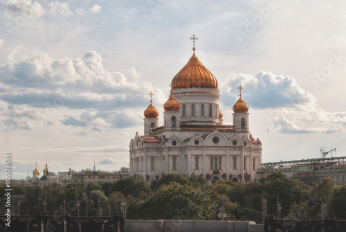 Grand Cathedral of Christ the Savior in the summer in Moscow against the background of a beautiful cloudy sky