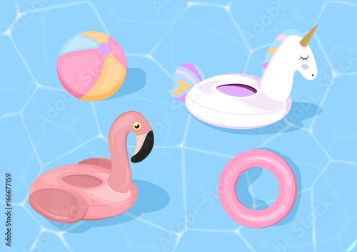 Funny pool floats with flamingo and unicorn. Vector illustration. Pool toys on blue sea background.