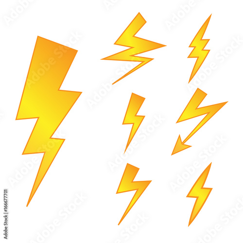 Set of Yellow Thunderbolt Symbols. Vector Danger Signs. Electrical Power Silhouettes Icons.