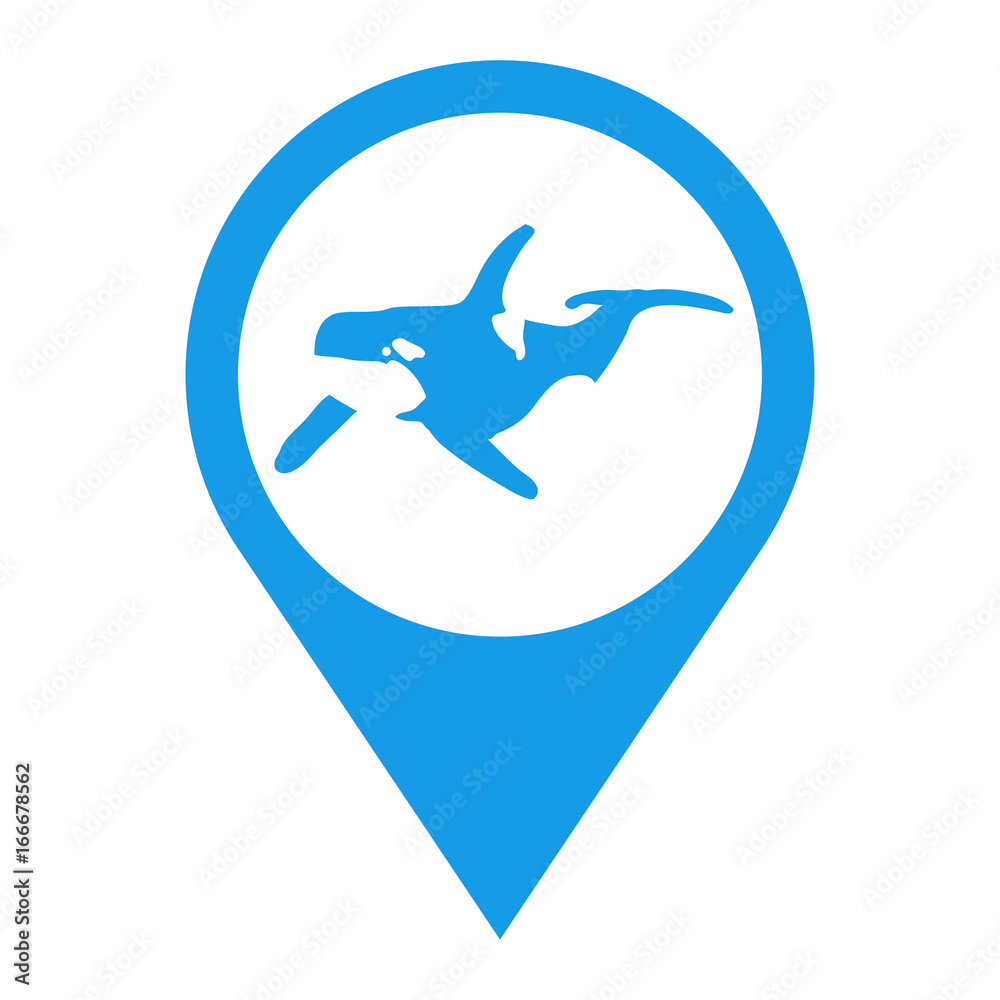 Icono plano localizacion orca en espacio negativo azul