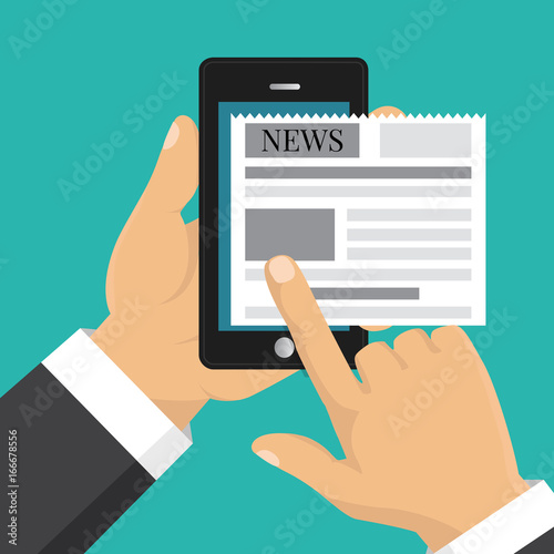 Reading news on screen of smartphone. Hand holding mobile phone with newspaper. Flat design. Vector illustration.