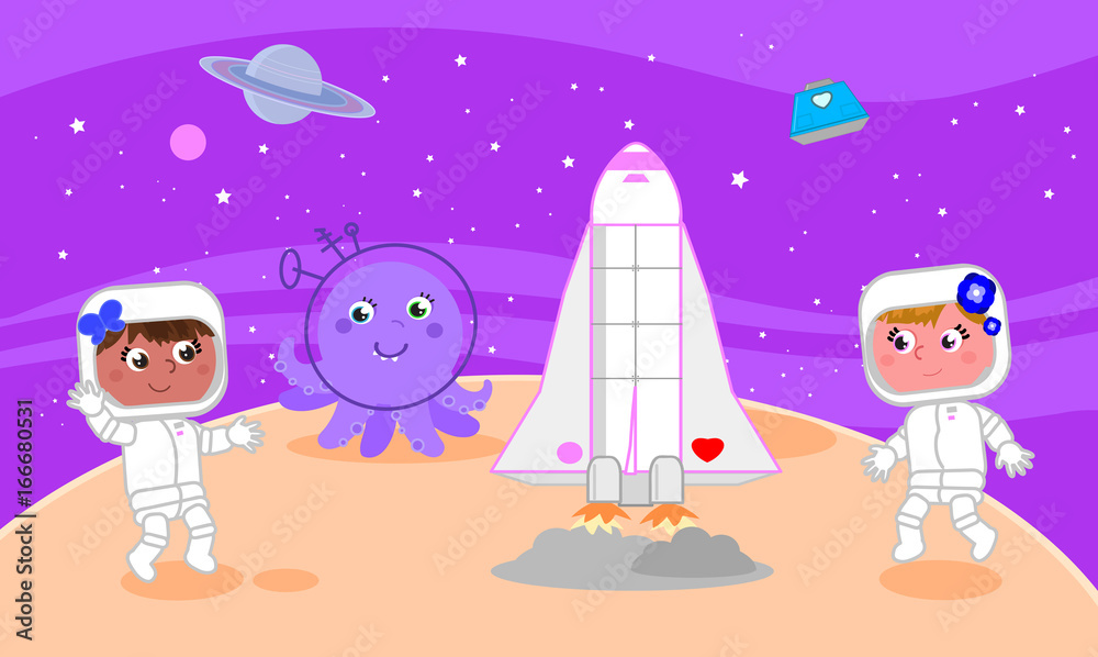 Two cartoon female astronauts on the moon vector Two cartoon female astronauts on the moon vector