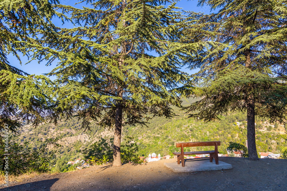 Bench on a hill overlooking the valley in Troodos mountain, Cyprus Bench on a hill overlooking the valley in Troodos mountain, Cyprus