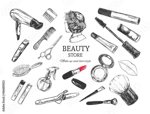 Cosmetics and beauty background with make up artist and hairdressing objects: lipstick, cream, brush. With place for your text .Template Vector.