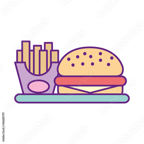 delicious burger with french fries vector illustration design