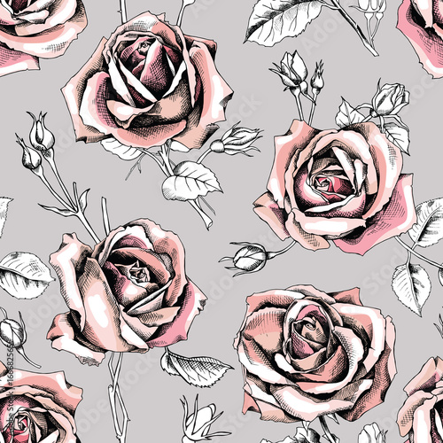 Seamless pattern with image of a light pink rose flowers and buds on a gray background. Vector illustration.