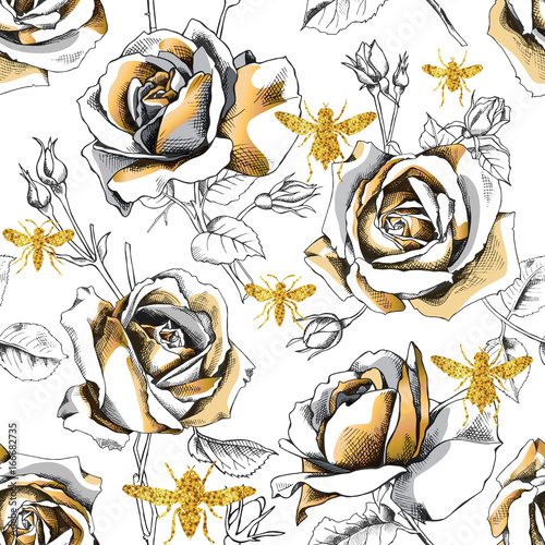 Seamless pattern with image of a gold rose flowers and glitter bees on a white background. Vector illustration.