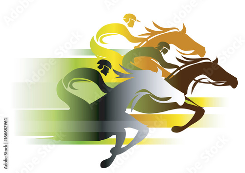 Horse Race In autumn colors.
Three racing jockeys at Full Speed. Colorful illustration on white background.Vector available.